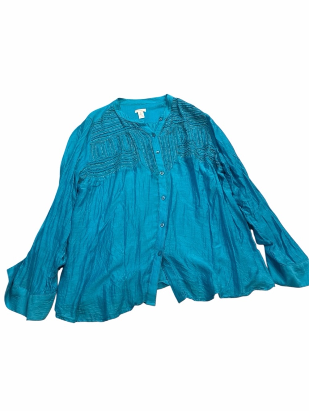 Chico's Teal Button-Front Pintuck Shirt with beading